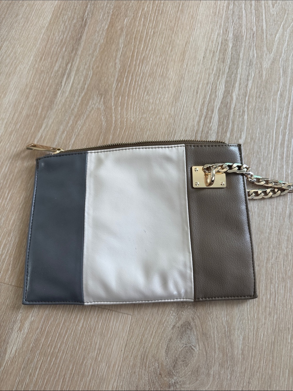 Sondra Roberts Tri-Panel Leather Wristlet Clutch in Gray, Cream & Brown